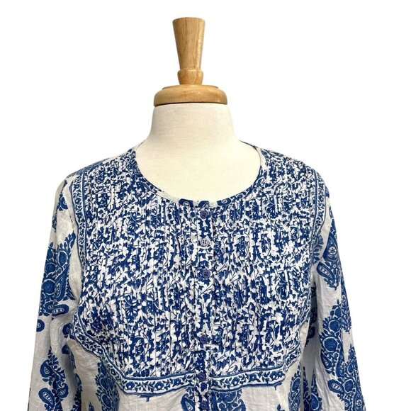 Anokhi Block Printed Indigo 3/4 Sleeve Blouse Top Blue White size Large - Picture 2 of 8